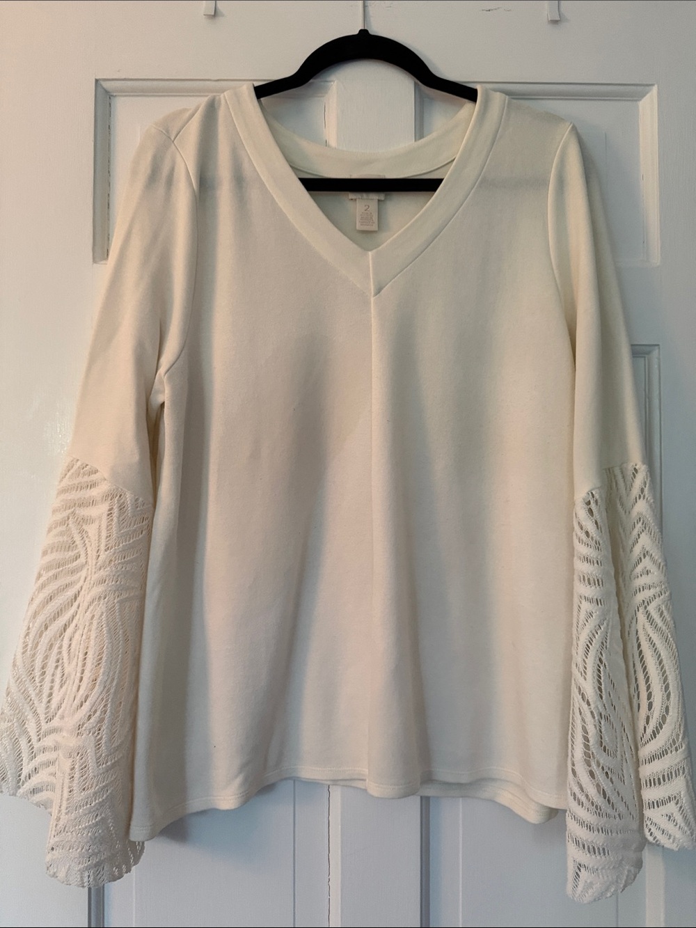 Chico's Cream V-Neck Long Sleeve Top with Lace Bell Sleeves